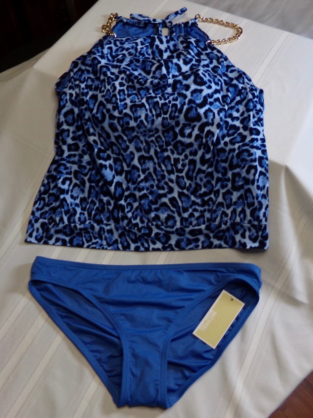 NWT Michael Michael Kors 464 Tide Blue Leopard Top+464TB Solid Bikini Bottom SzL